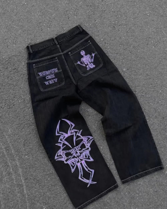 Fashion trend skull pattern embroidered loose jeans men's street Y2K new hip-hop wide leg pants men's unisex jeans